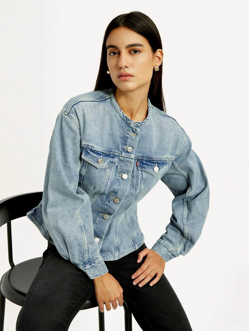 Women's Solid Blue Denim Jacket - Elevated View