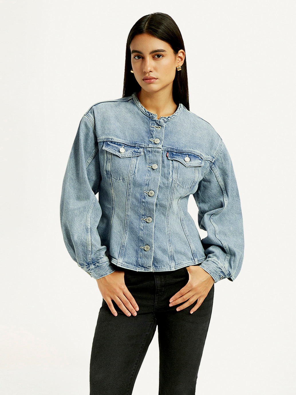 Women's Solid Blue Denim Jacket - Styleshot View