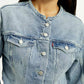Women's Solid Blue Denim Jacket - Detail View