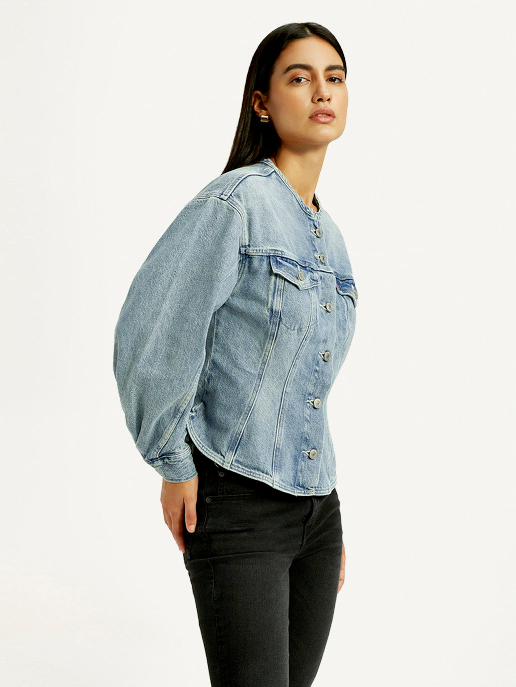 Women's Solid Blue Denim Jacket - Side View