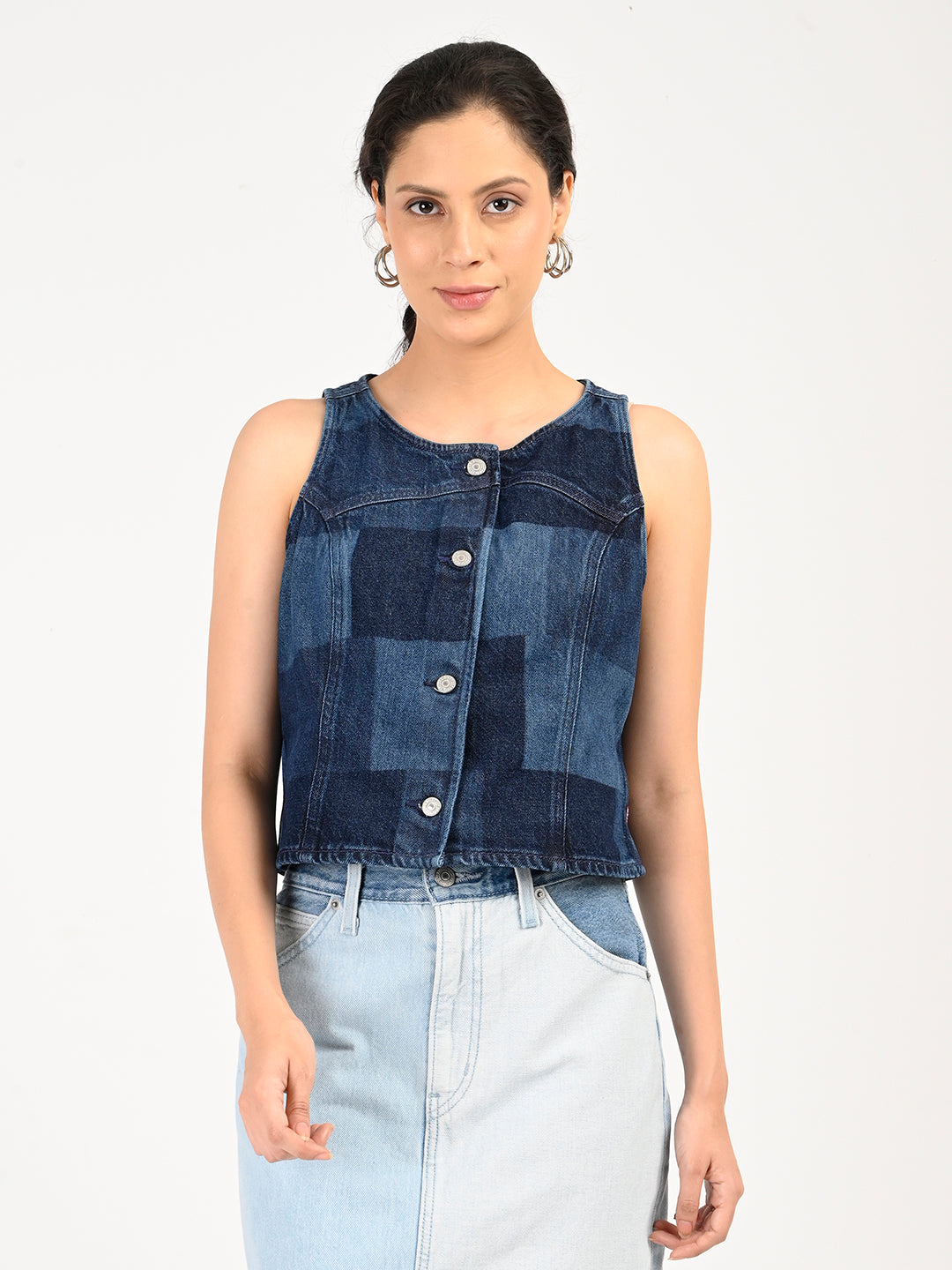 Women's Plaid Dark Blue Round Neck Top - front View