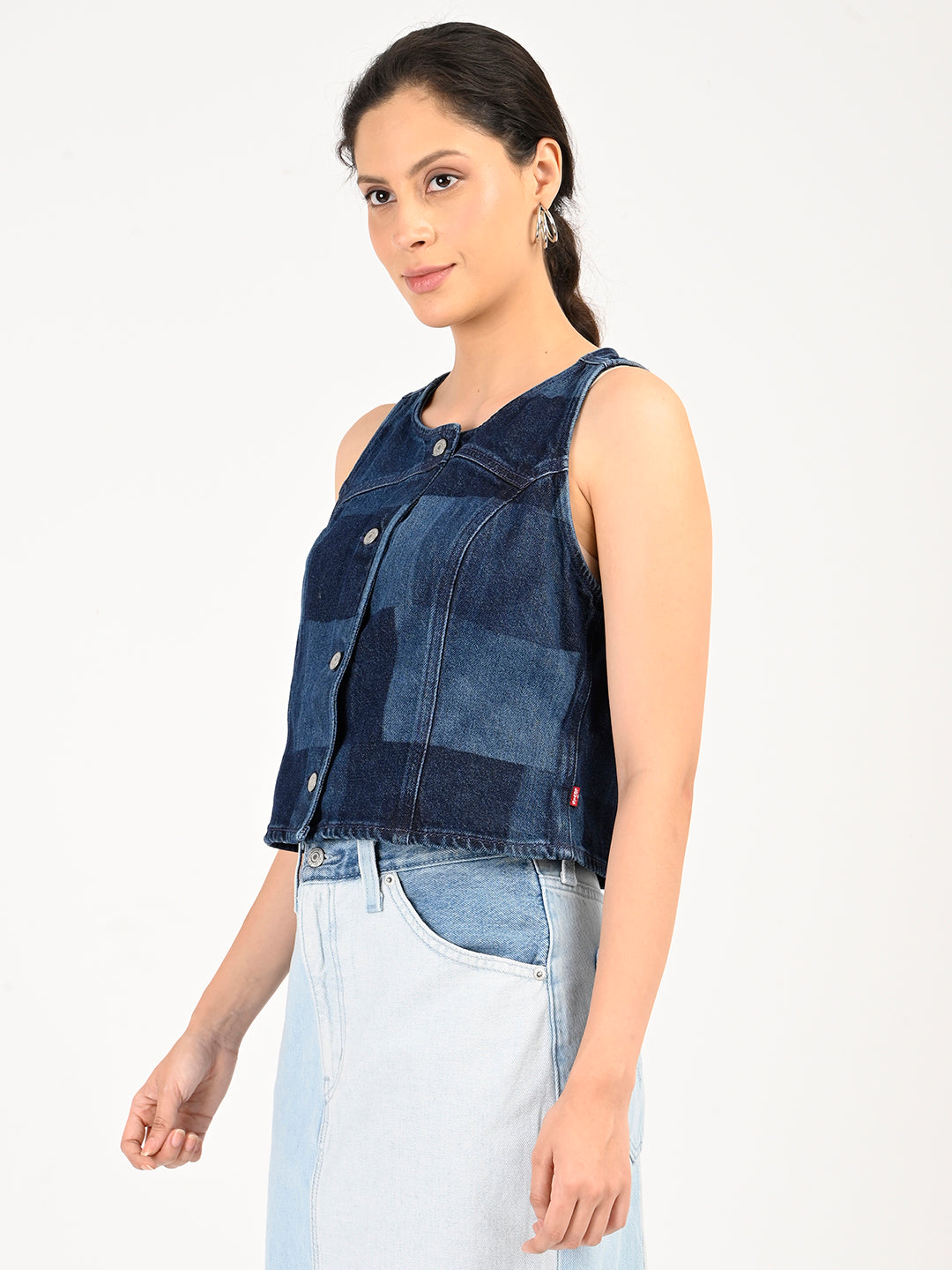 Women's Plaid Dark Blue Round Neck Top - side View