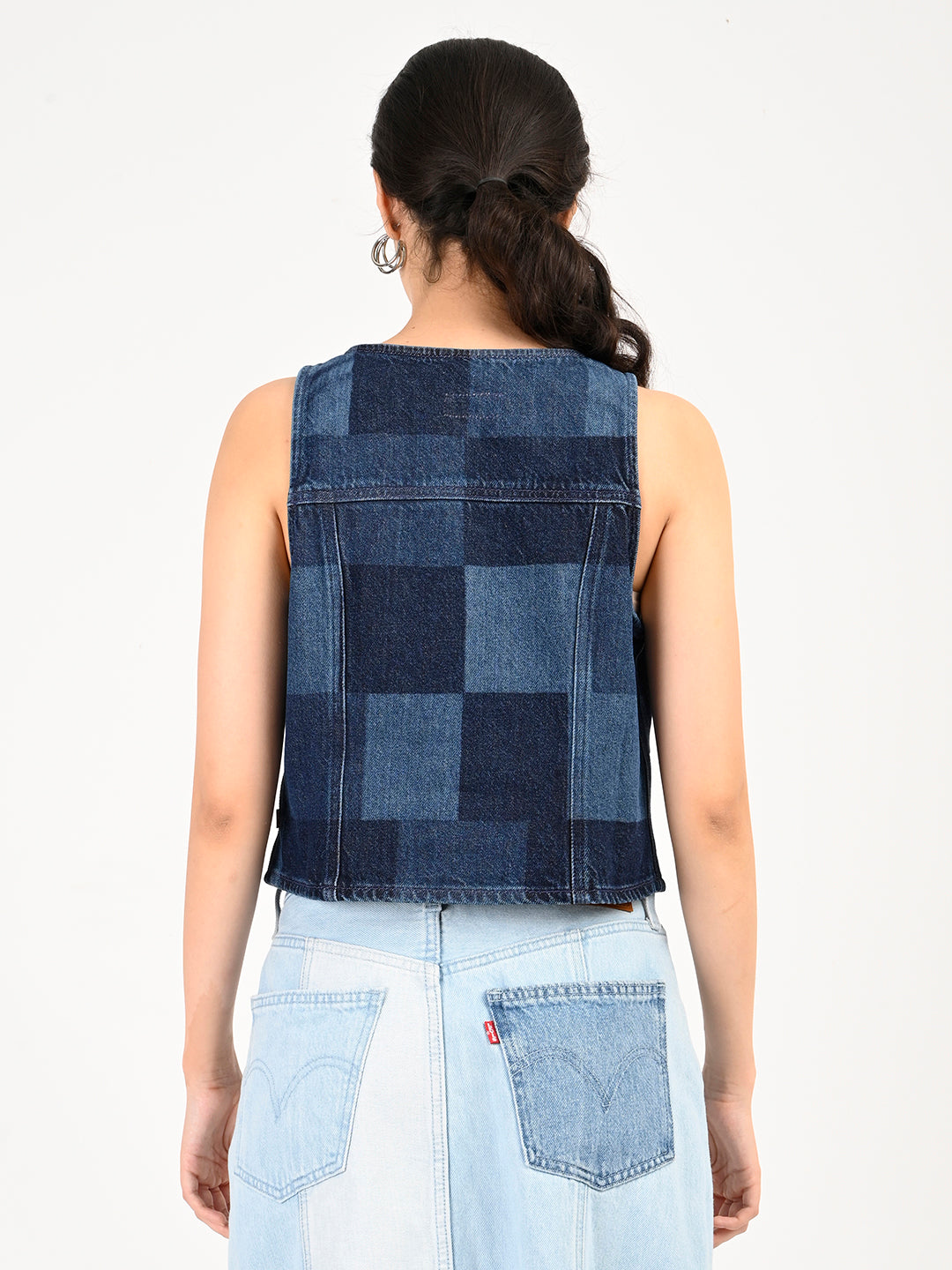Women's Plaid Dark Blue Round Neck Top - back View