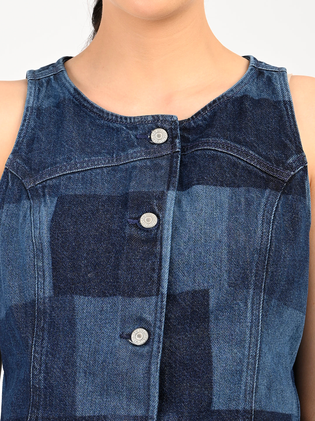 Women's Plaid Dark Blue Round Neck Top - detail View