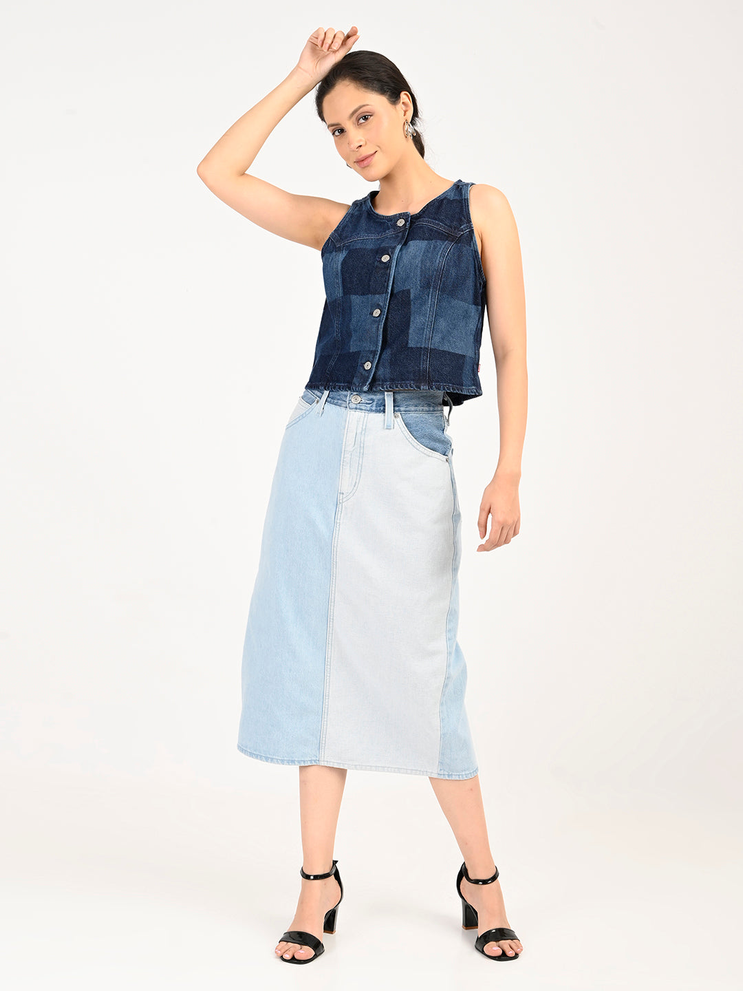 Women's Plaid Dark Blue Round Neck Top - 6 View