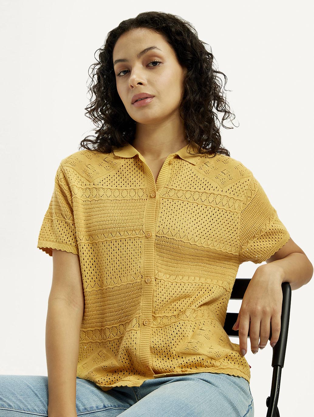 Women's Self Design Yellow Spread Collar Shirt
