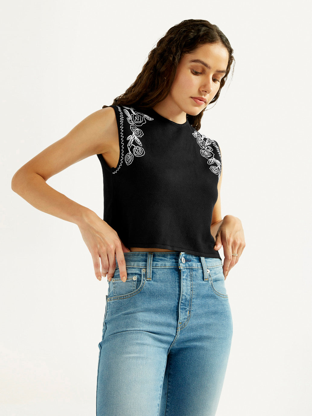 Women's Embroidered Black Crew Neck Top