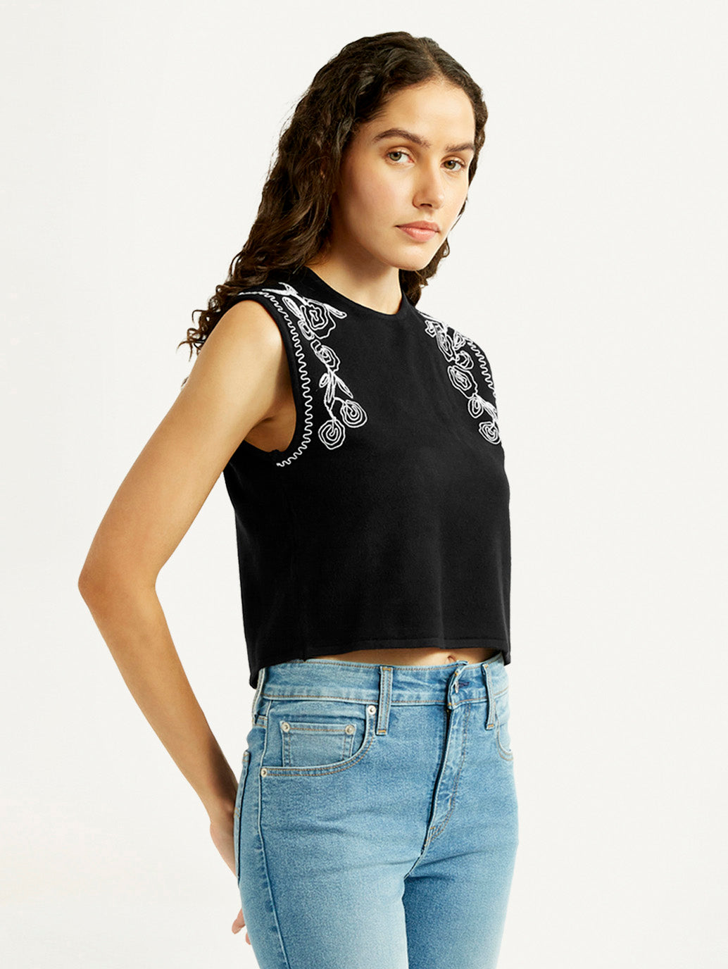 Women's Embroidered Black Crew Neck Top - Side View