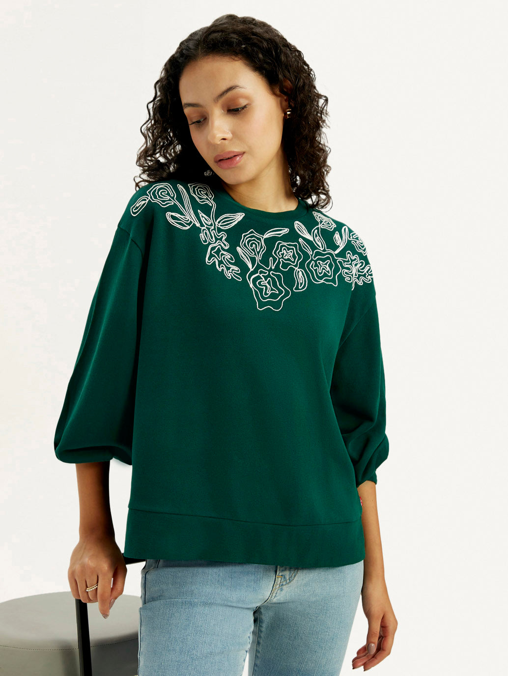 Women's Embroidered Dark Green Oversized Sweatshirt - Elevated View