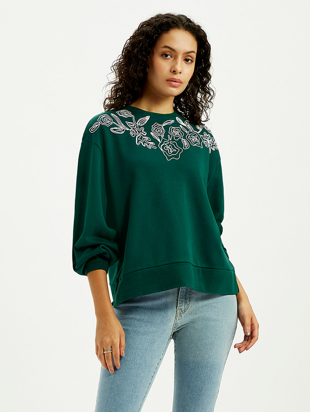 Women's Embroidered Dark Green Oversized Sweatshirt - Styleshot View