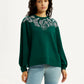 Women's Embroidered Dark Green Oversized Sweatshirt - Front View