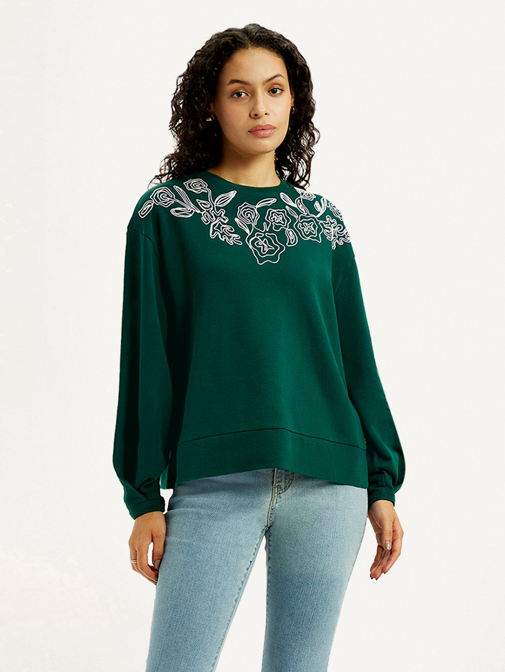 Women's Embroidered Dark Green Oversized Sweatshirt - Front View