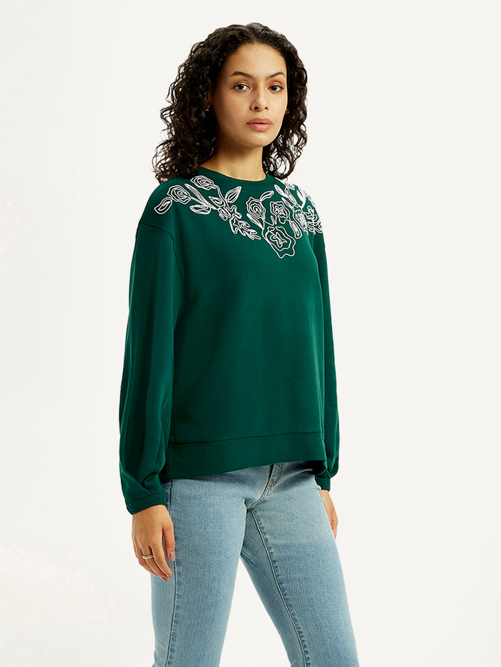 Women's Embroidered Dark Green Oversized Sweatshirt - Side View