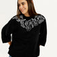 Women's Embroidered Black Oversized Crew Neck Sweatshirt - Elevated View