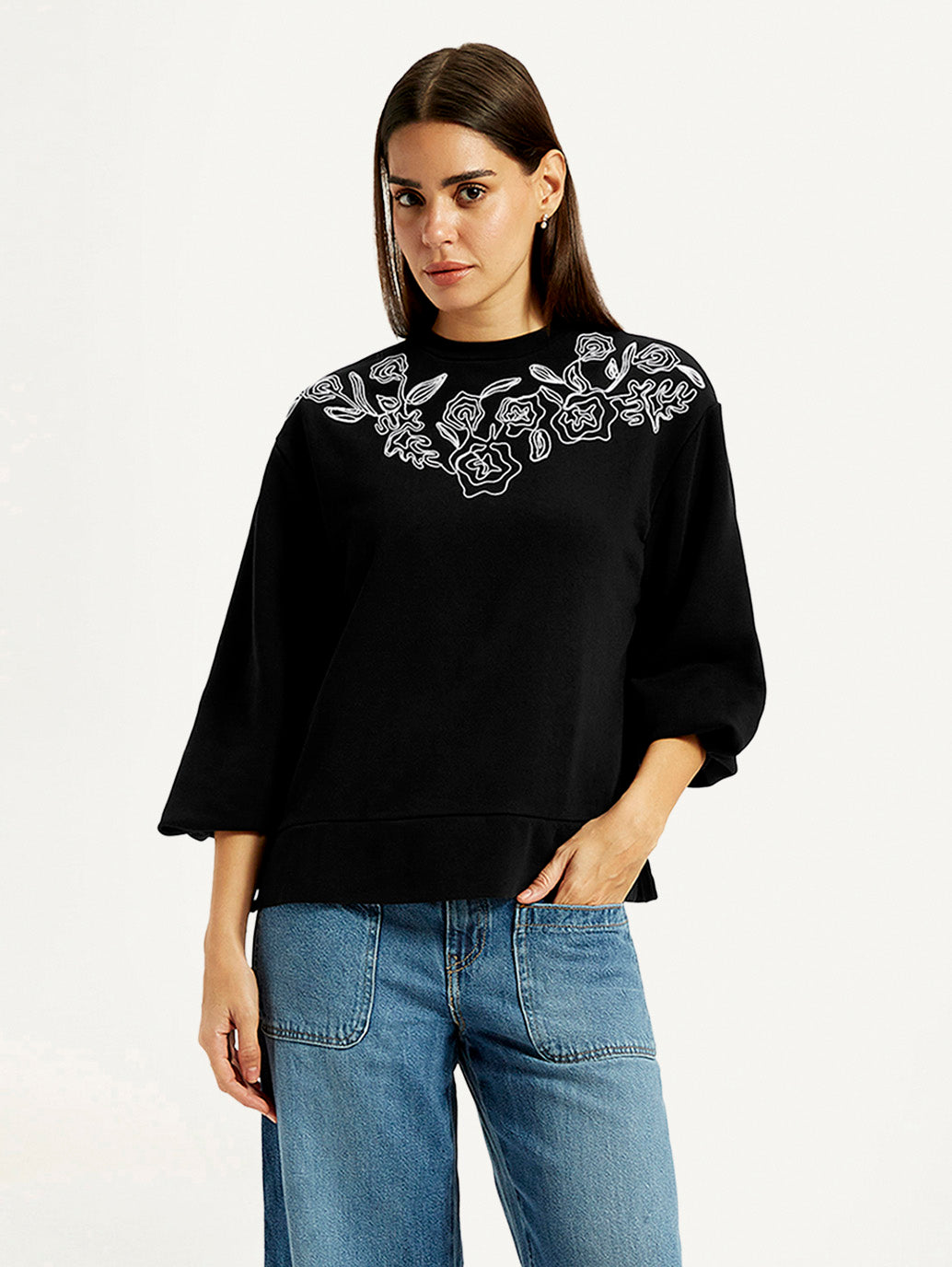 Women's Embroidered Black Oversized Crew Neck Sweatshirt