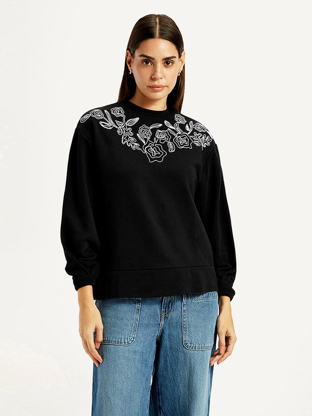 Women's Embroidered Black Oversized Crew Neck Sweatshirt - Front View