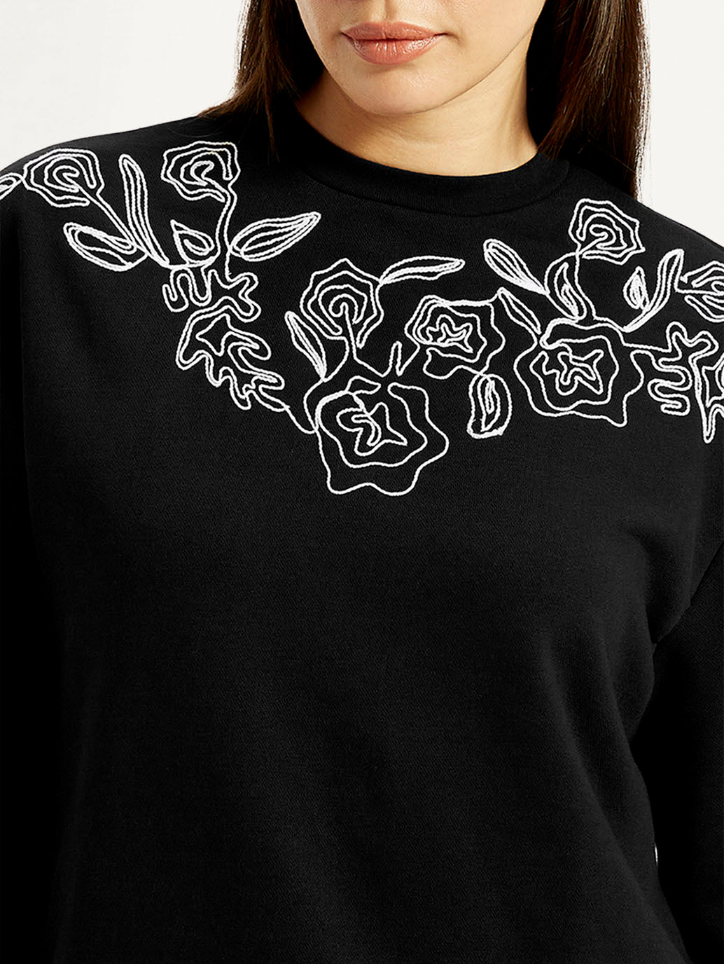 Women's Embroidered Black Oversized Crew Neck Sweatshirt - Detail View