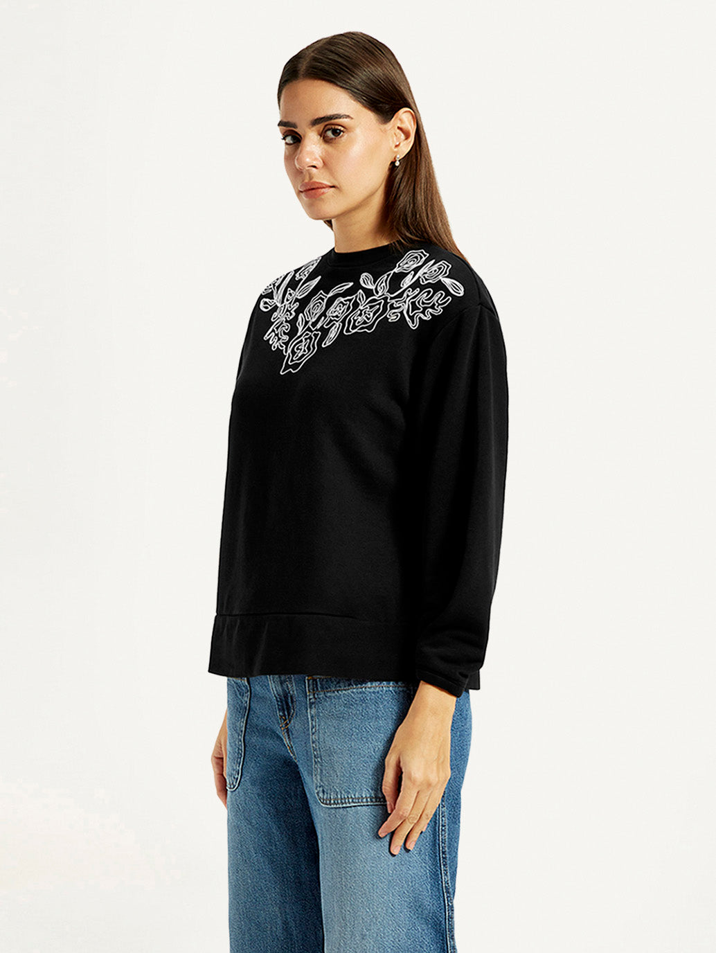 Women's Embroidered Black Oversized Crew Neck Sweatshirt - Side View