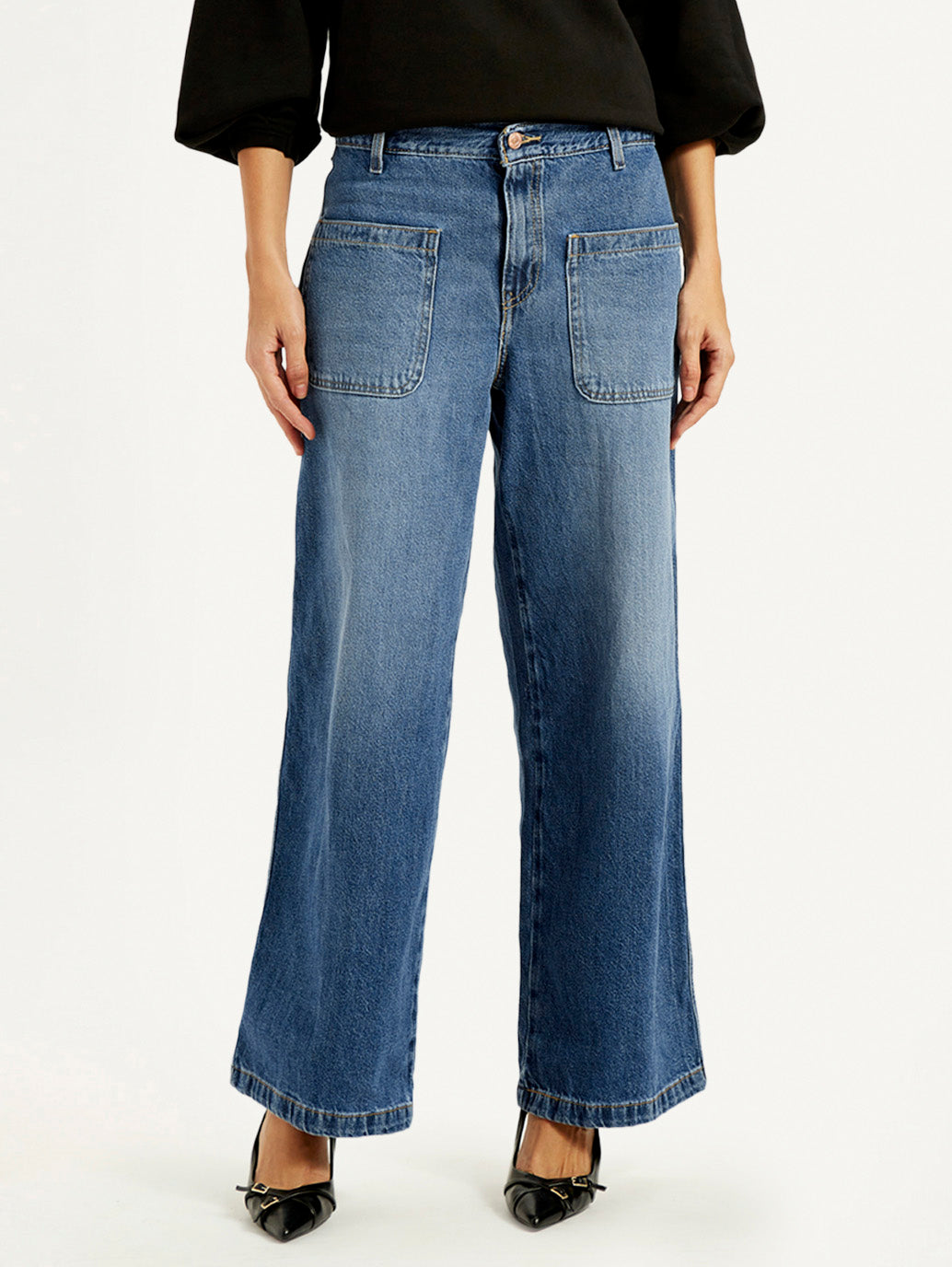 Women's Blue XL Straight Loose Fit Mid Rise Jeans - Front View