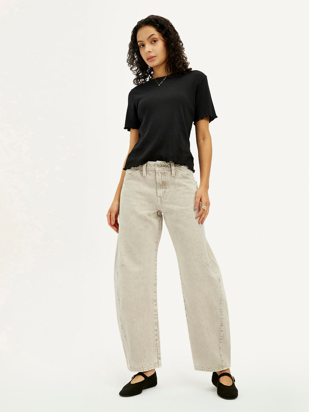 Women's Beige Barrel Loose Fit Mid Rise Jeans