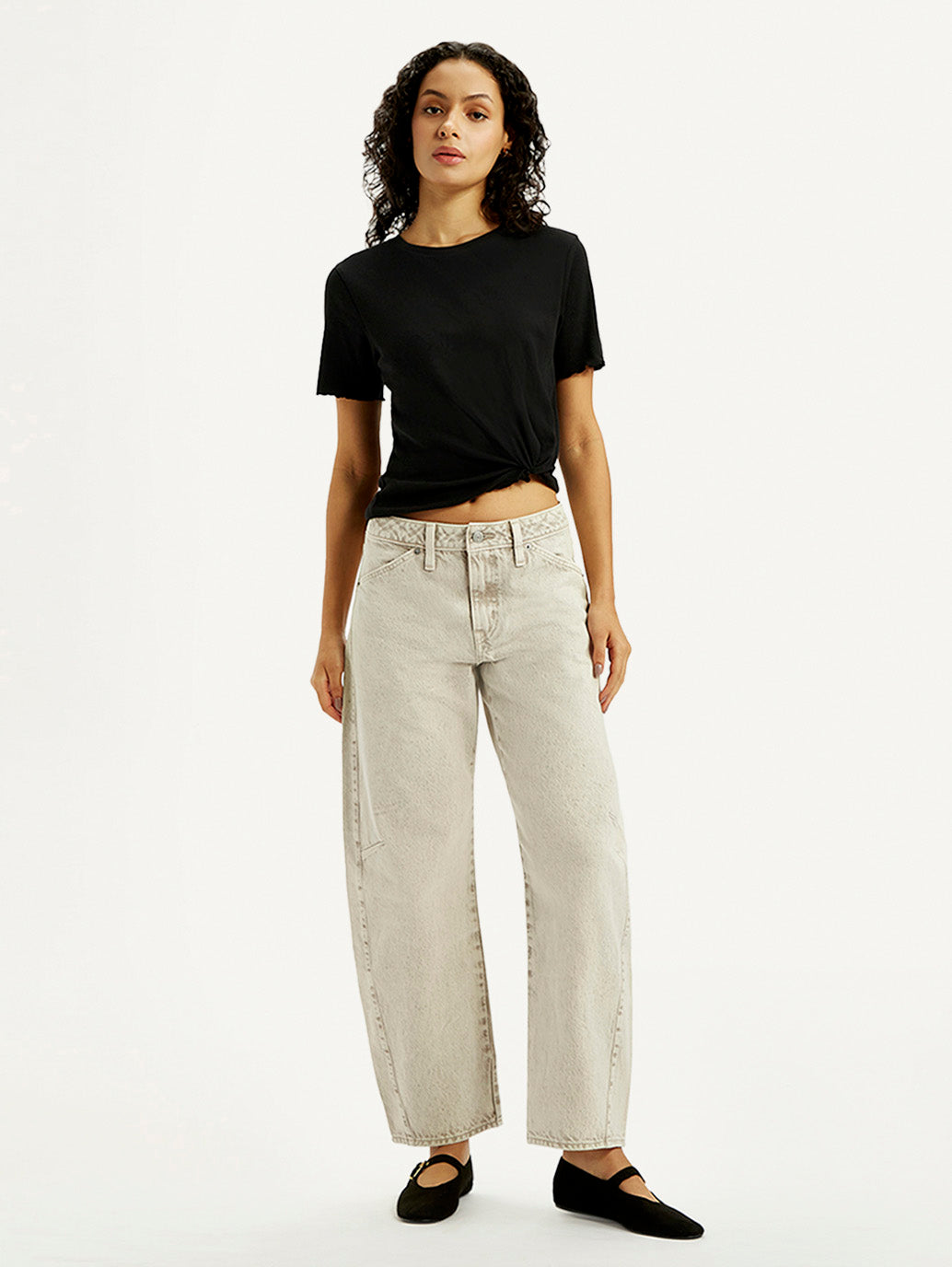 Women's Beige Barrel Loose Fit Mid Rise Jeans - Styleshot View