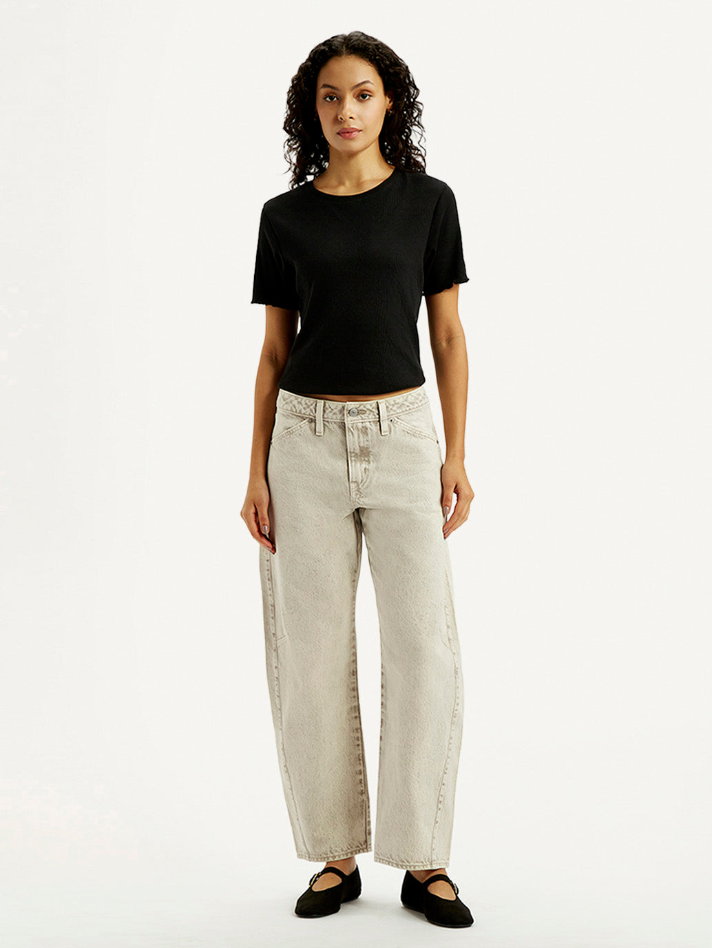 Women's Beige Barrel Loose Fit Mid Rise Jeans - Front View