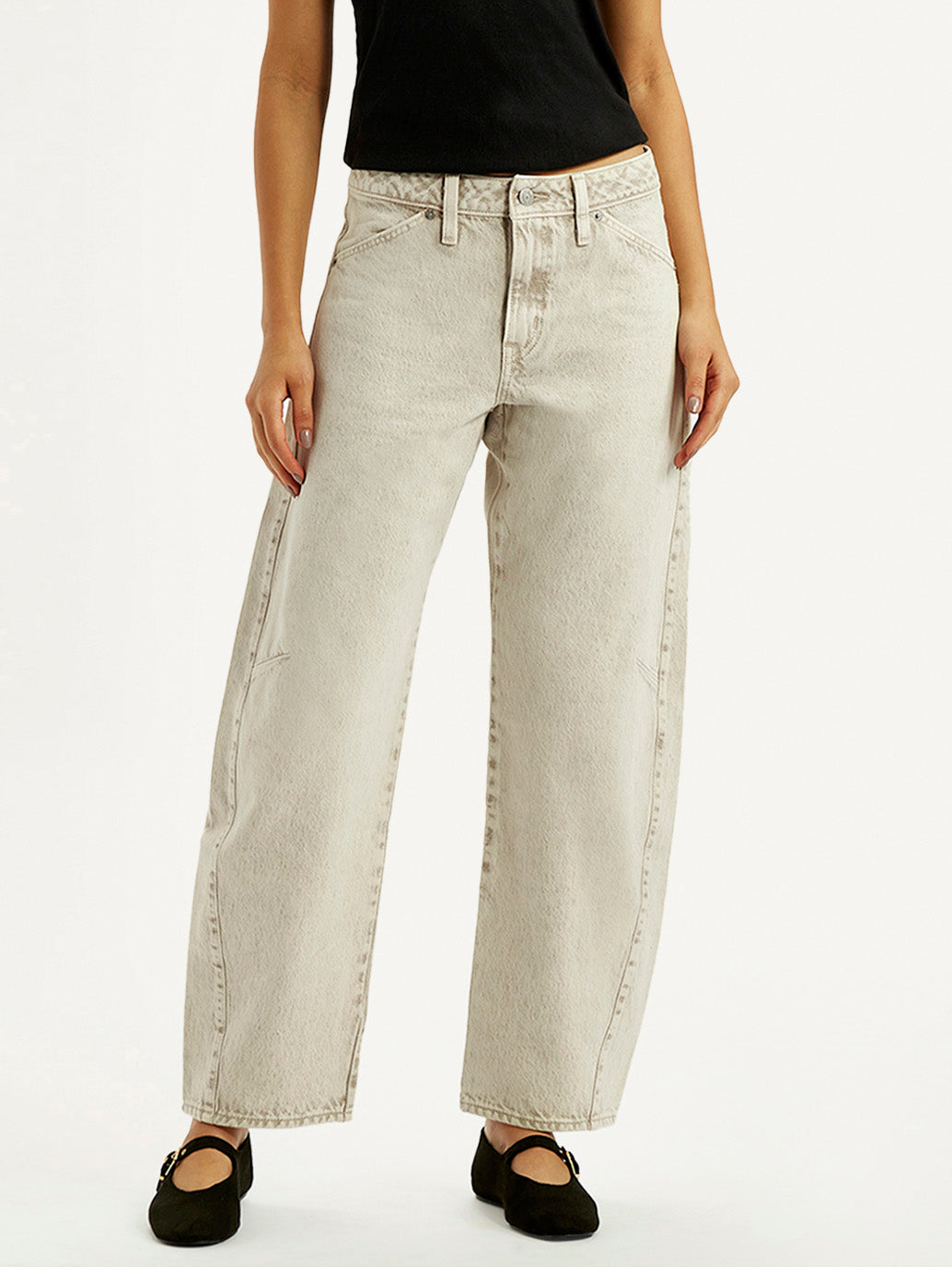 Women's Beige Barrel Loose Fit Mid Rise Jeans - Front View