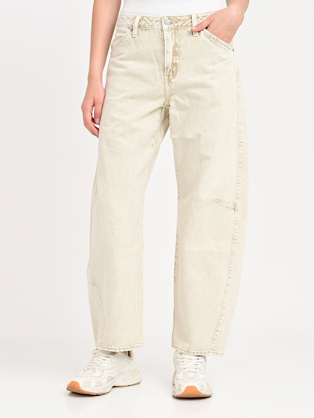 Women's Beige Barrel Loose Fit Mid Rise Baggy Dad Jeans - jpg View