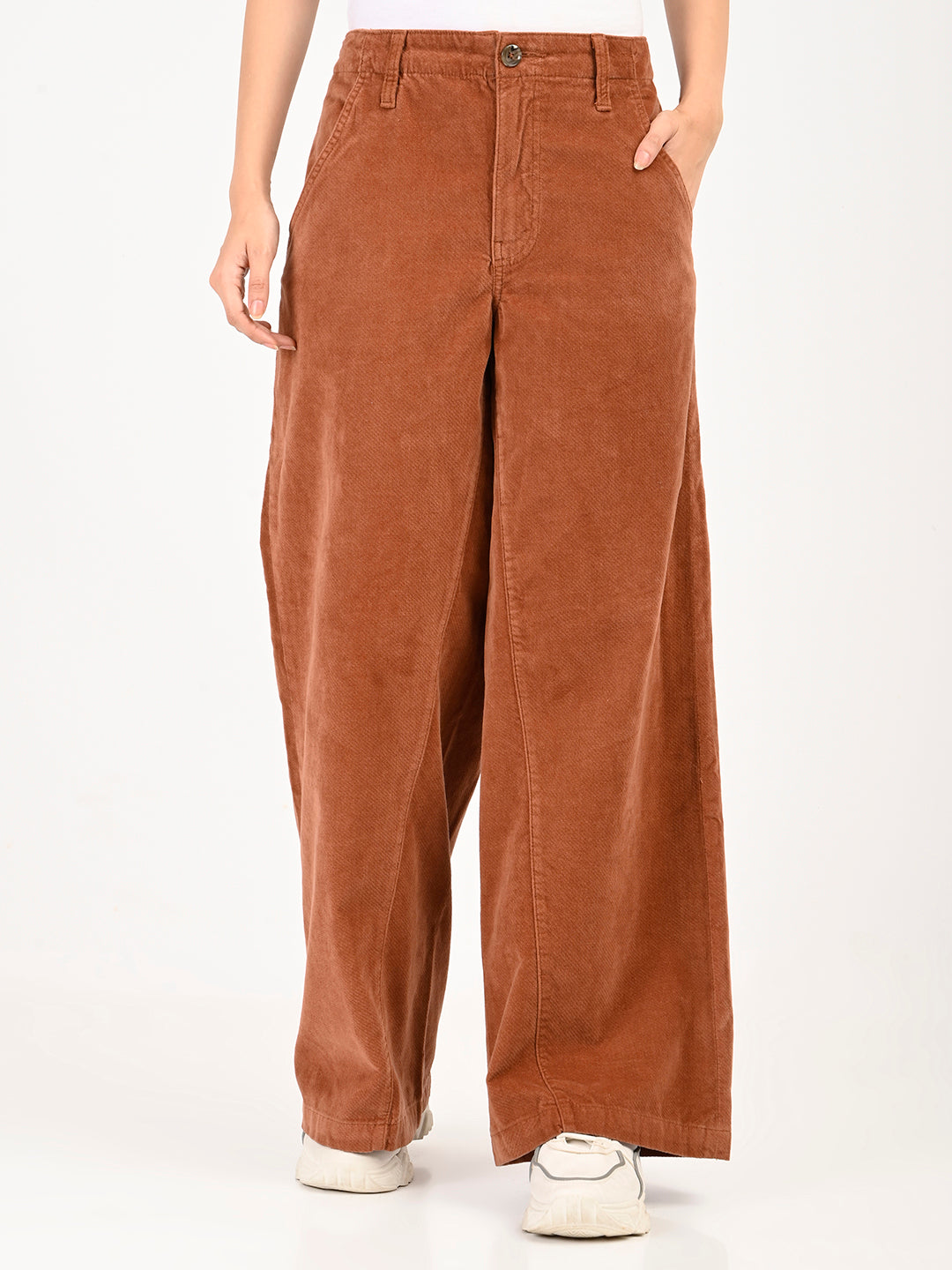 Women's Brown Loose Fit High Rise Trousers