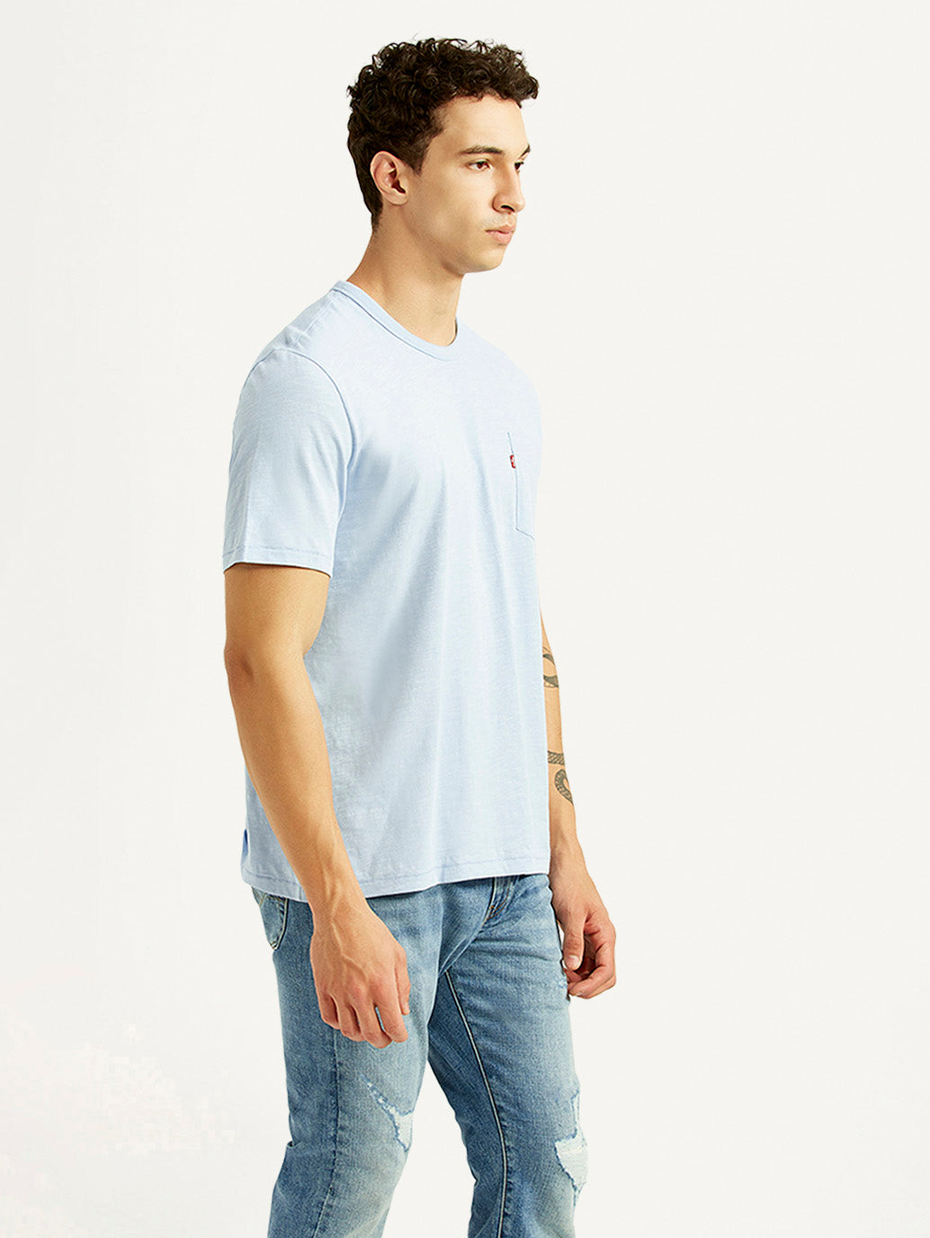 Men's Solid Light Blue Slim Fit T-shirt - Side View