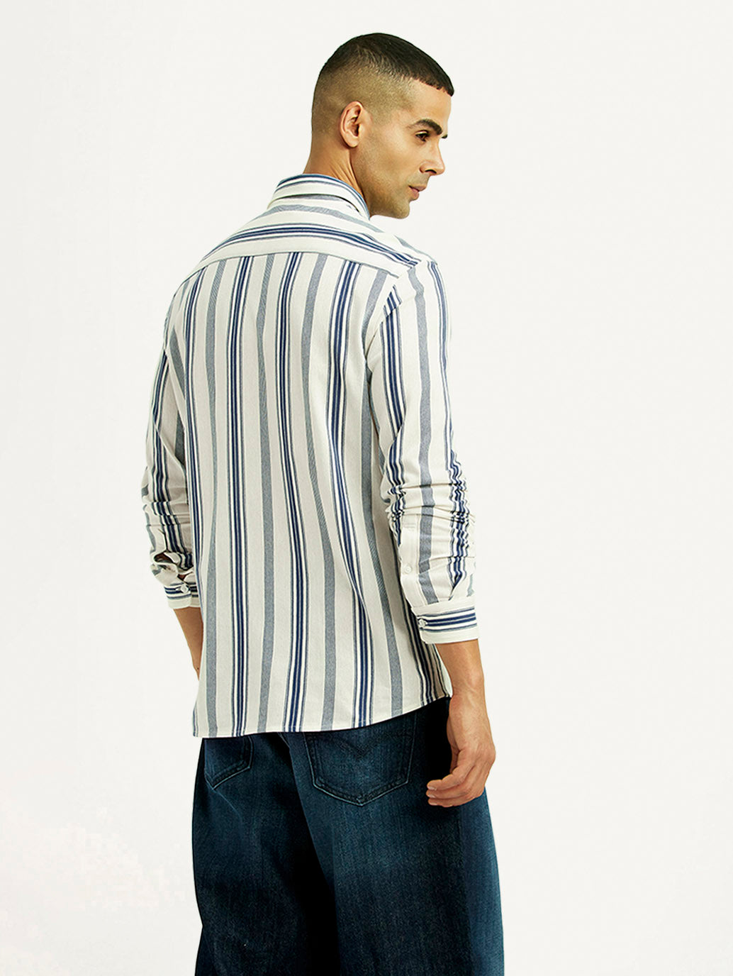 Men's Striped White Slim Fit Shirt - Back View