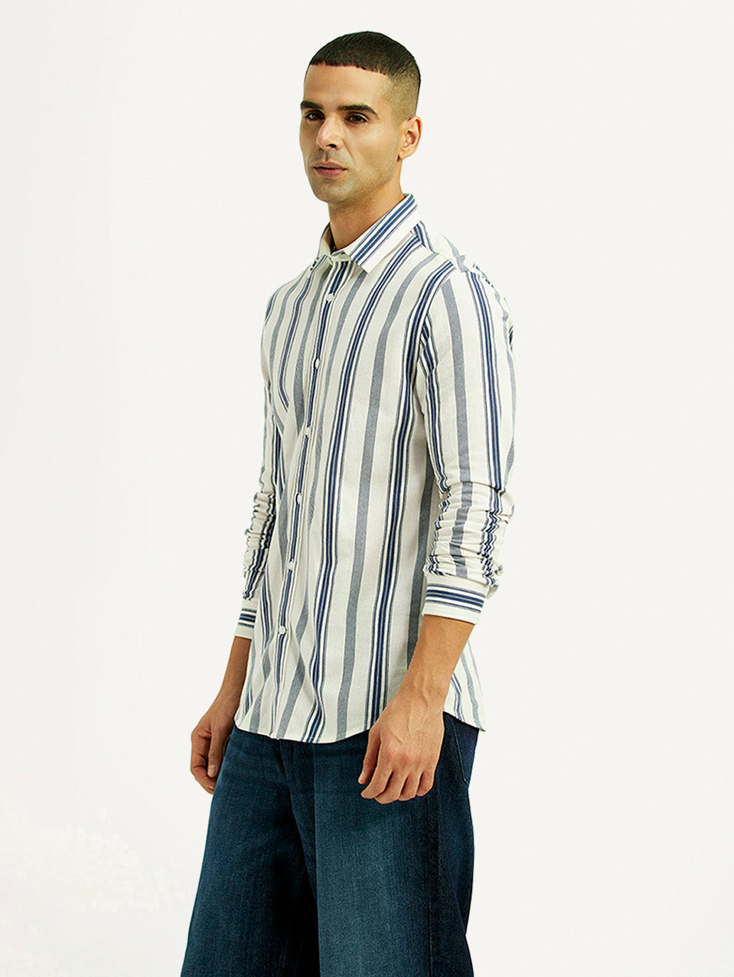 Men's Striped White Slim Fit Shirt - Side View