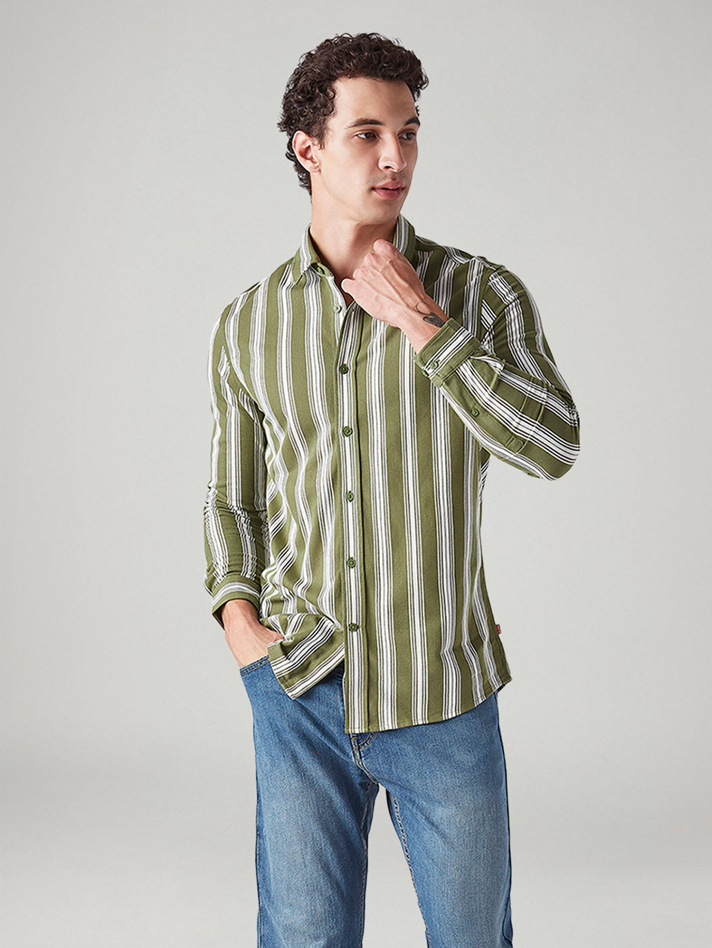 Men's Striped Olive Slim Fit Knitted Shirt