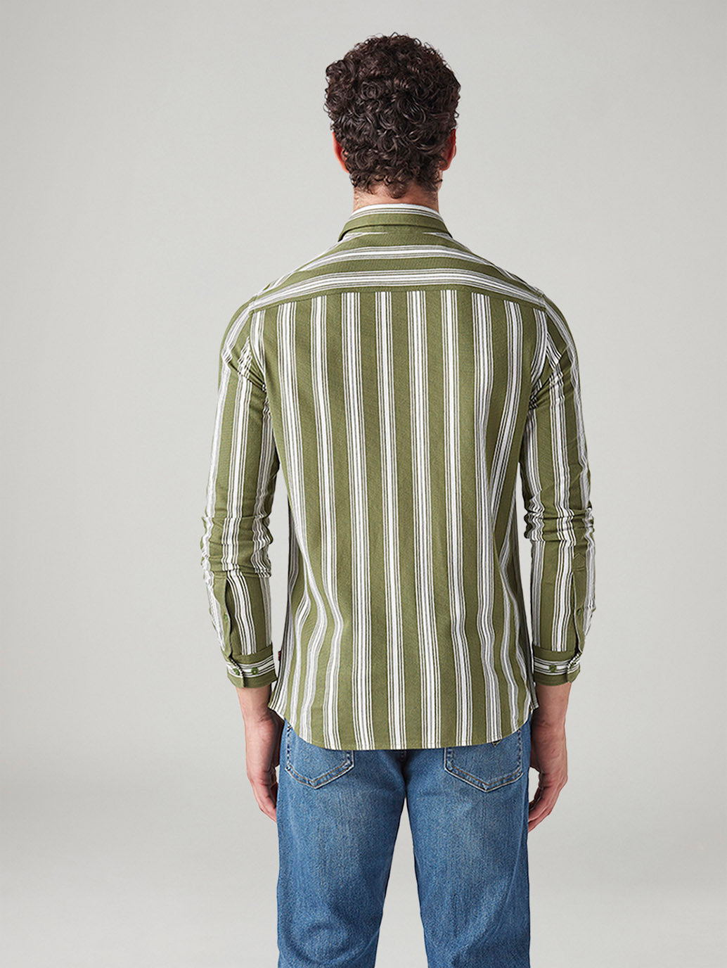 Men's Striped Olive Slim Fit Knitted Shirt - Back View