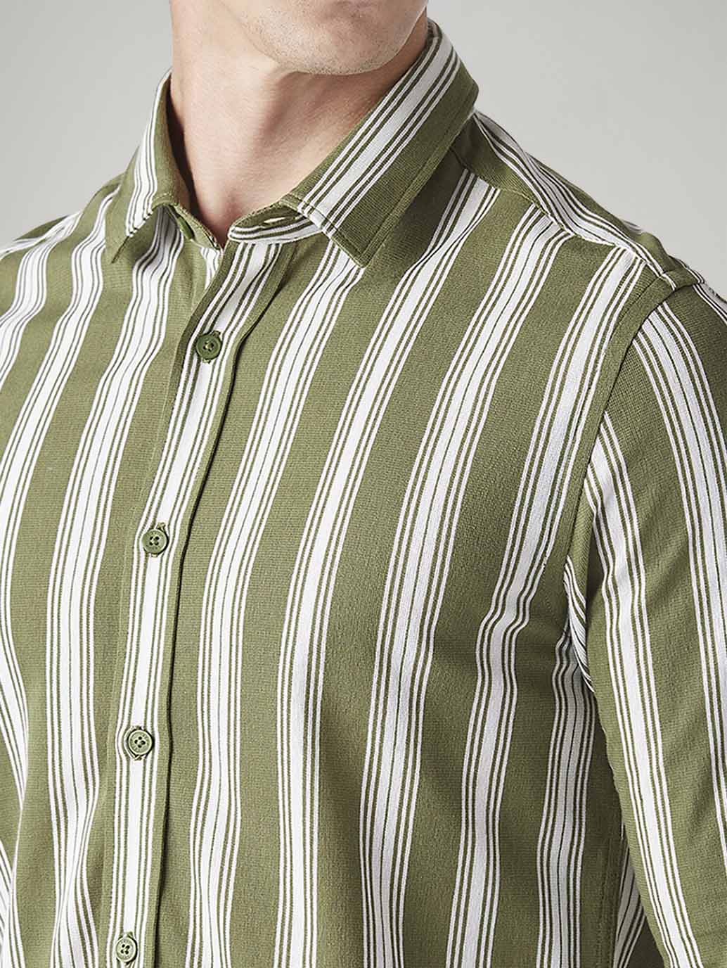 Men's Striped Olive Slim Fit Knitted Shirt - Detail View