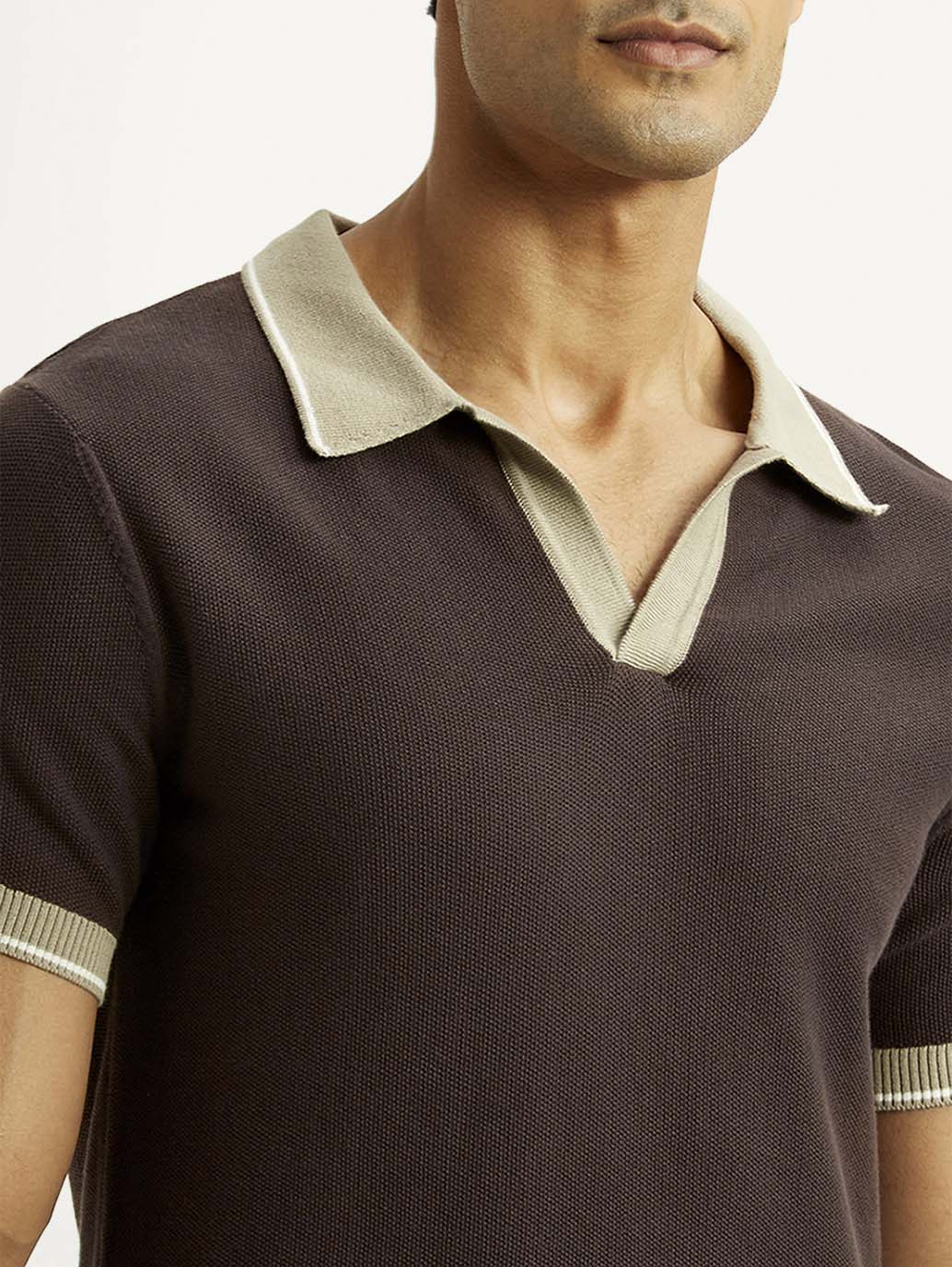 Men's Colorblock Brown Polo T-shirt - Detail View