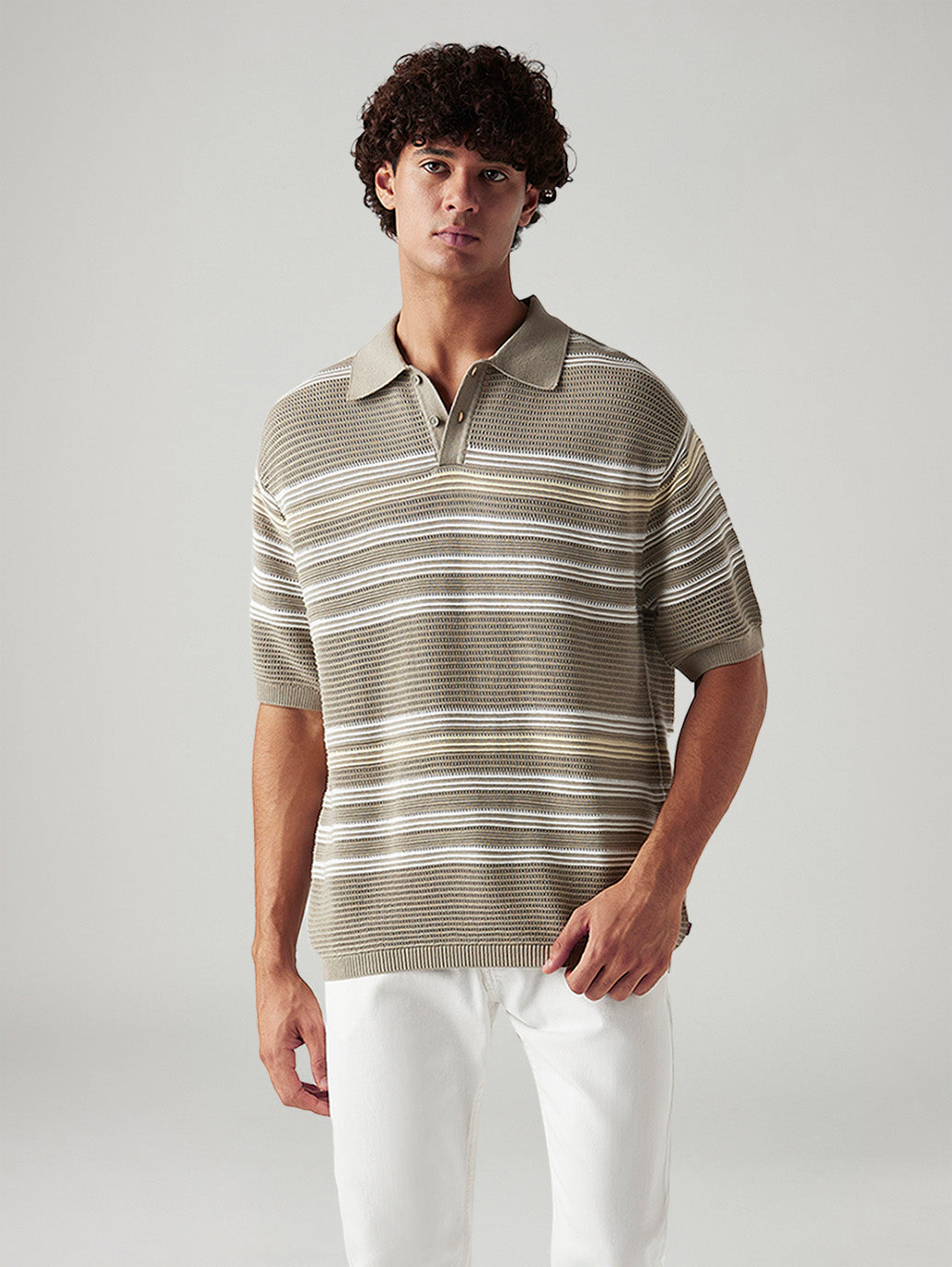 Men's Striped Taupe Loose Fit Polo T-shirt - Styleshot View