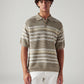 Men's Striped Taupe Loose Fit Polo T-shirt - Front View
