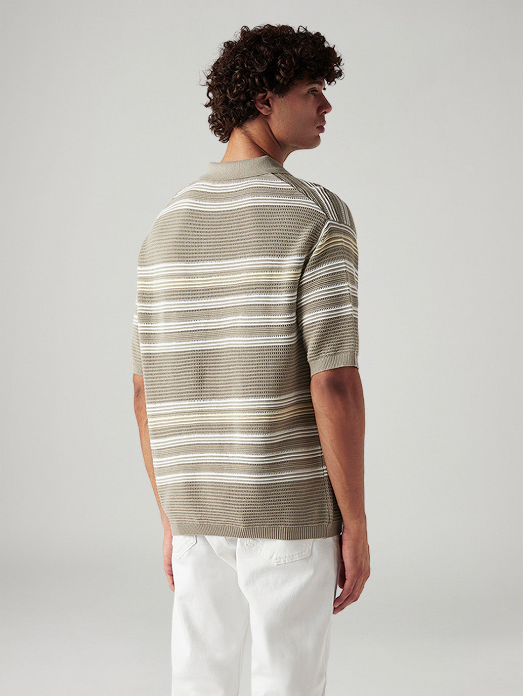 Men's Striped Taupe Loose Fit Polo T-shirt - Back View