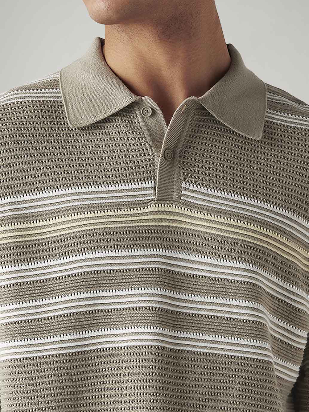 Men's Striped Taupe Loose Fit Polo T-shirt - Detail View
