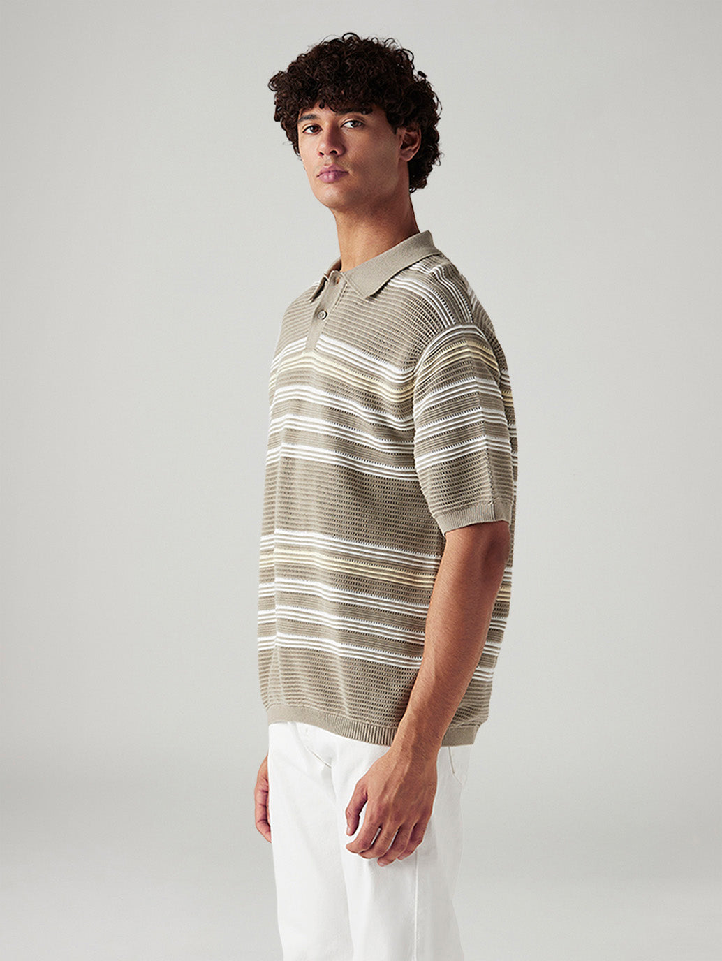 Men's Striped Taupe Loose Fit Polo T-shirt - Side View