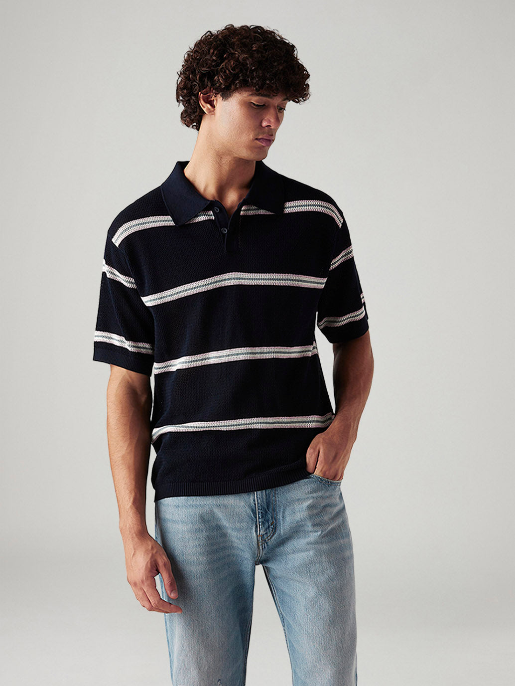 Men's Striped Navy Loose Fit Polo T-shirt