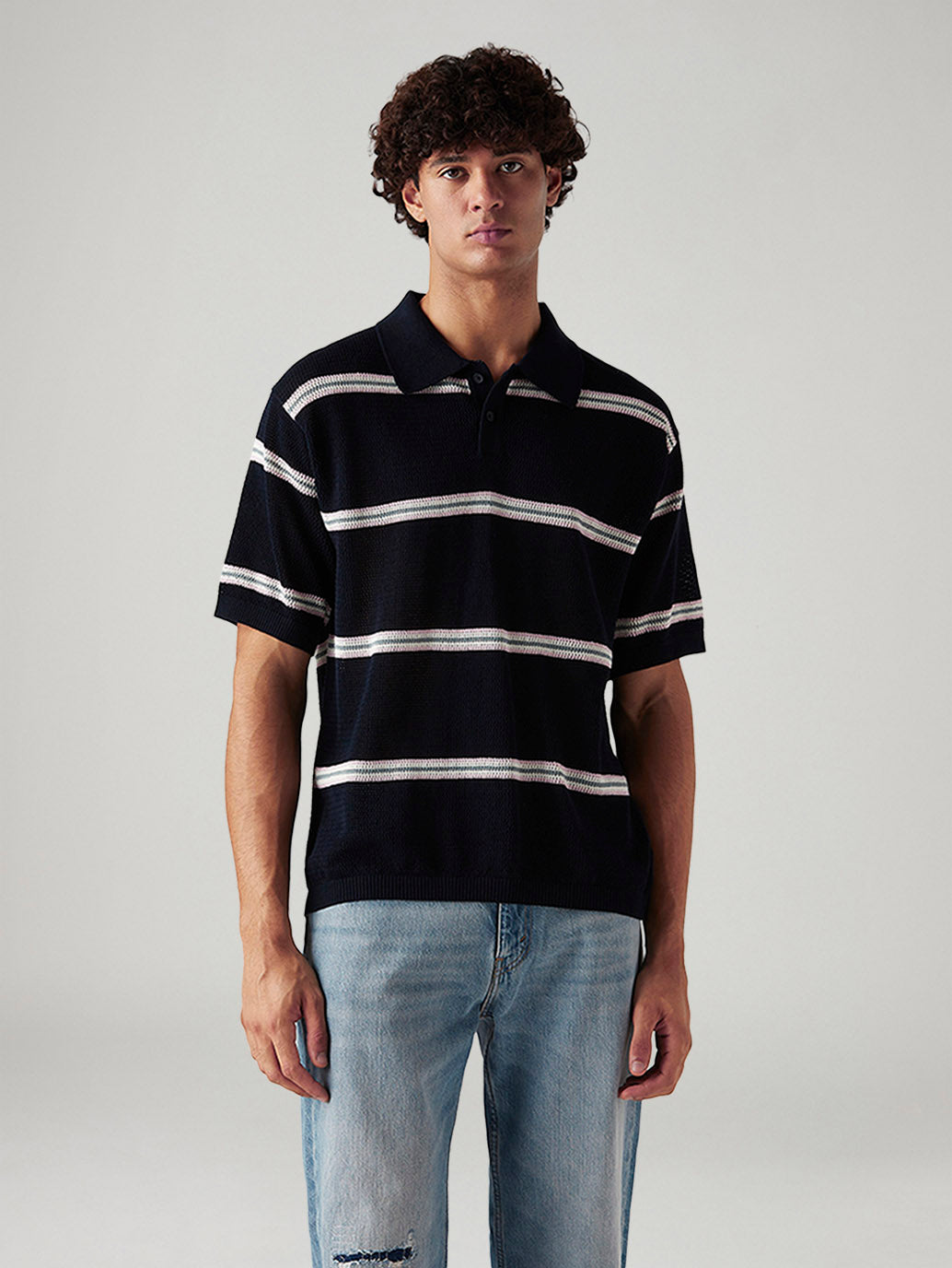Men's Striped Navy Loose Fit Polo T-shirt - Front View