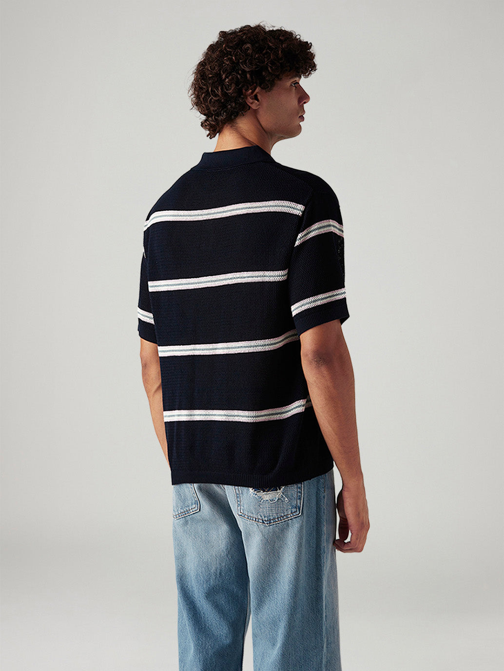 Men's Striped Navy Loose Fit Polo T-shirt - Back View