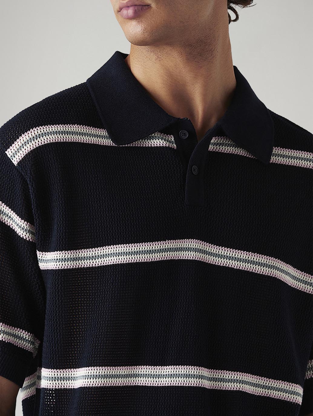 Men's Striped Navy Loose Fit Polo T-shirt - Detail View
