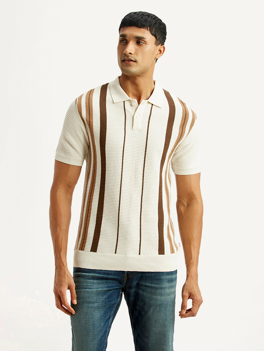 Men's Striped Off White Polo T-shirt - Front View