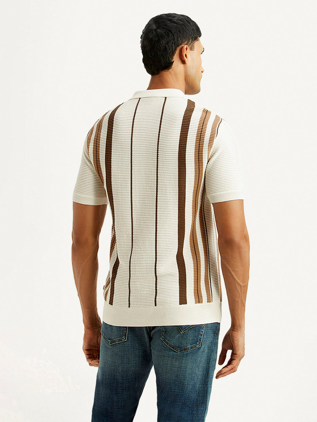 Men's Striped Off White Polo T-shirt - Back View