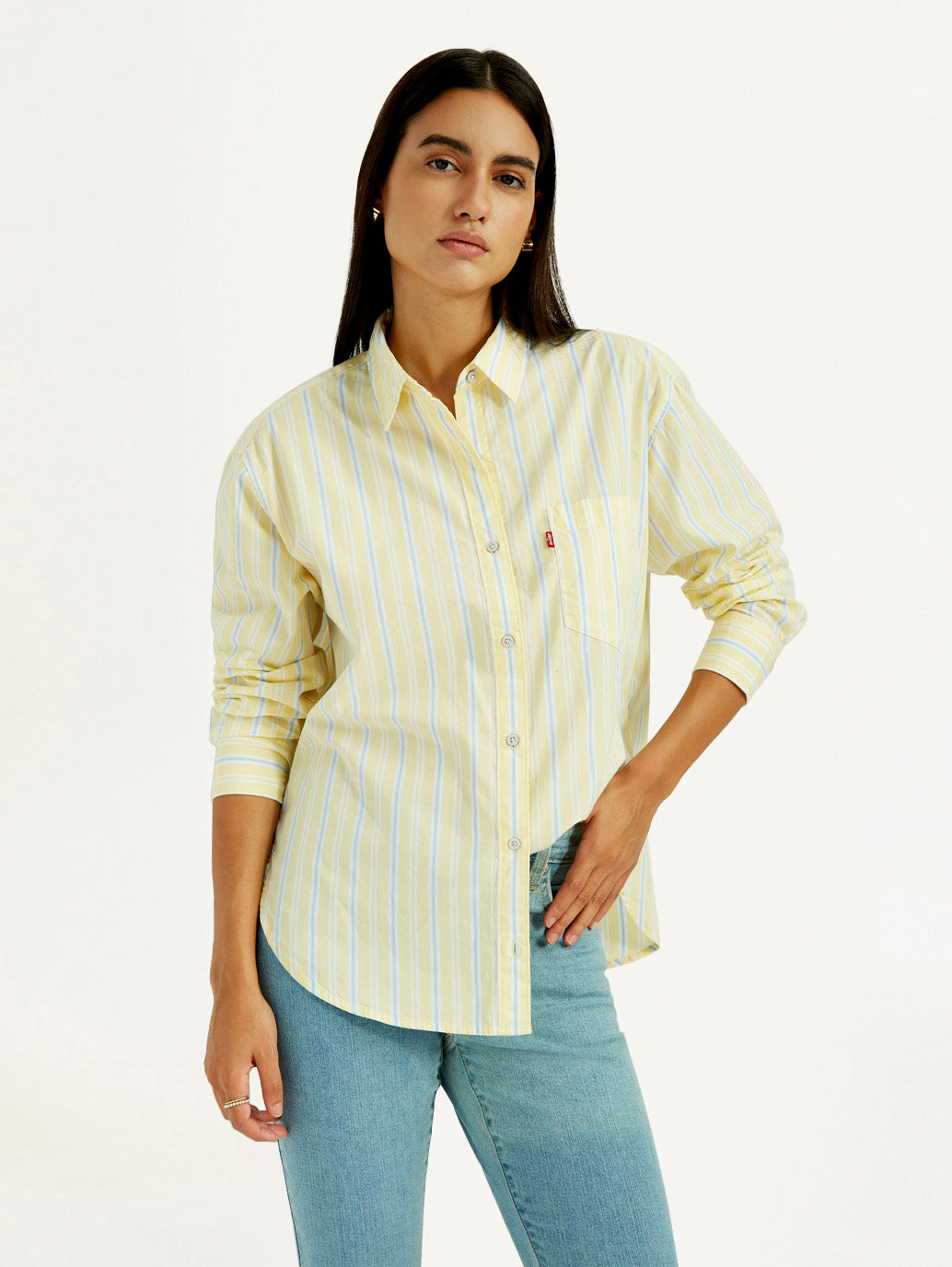 Women's Striped Yellow Relaxed Fit Shirt - Elevated View