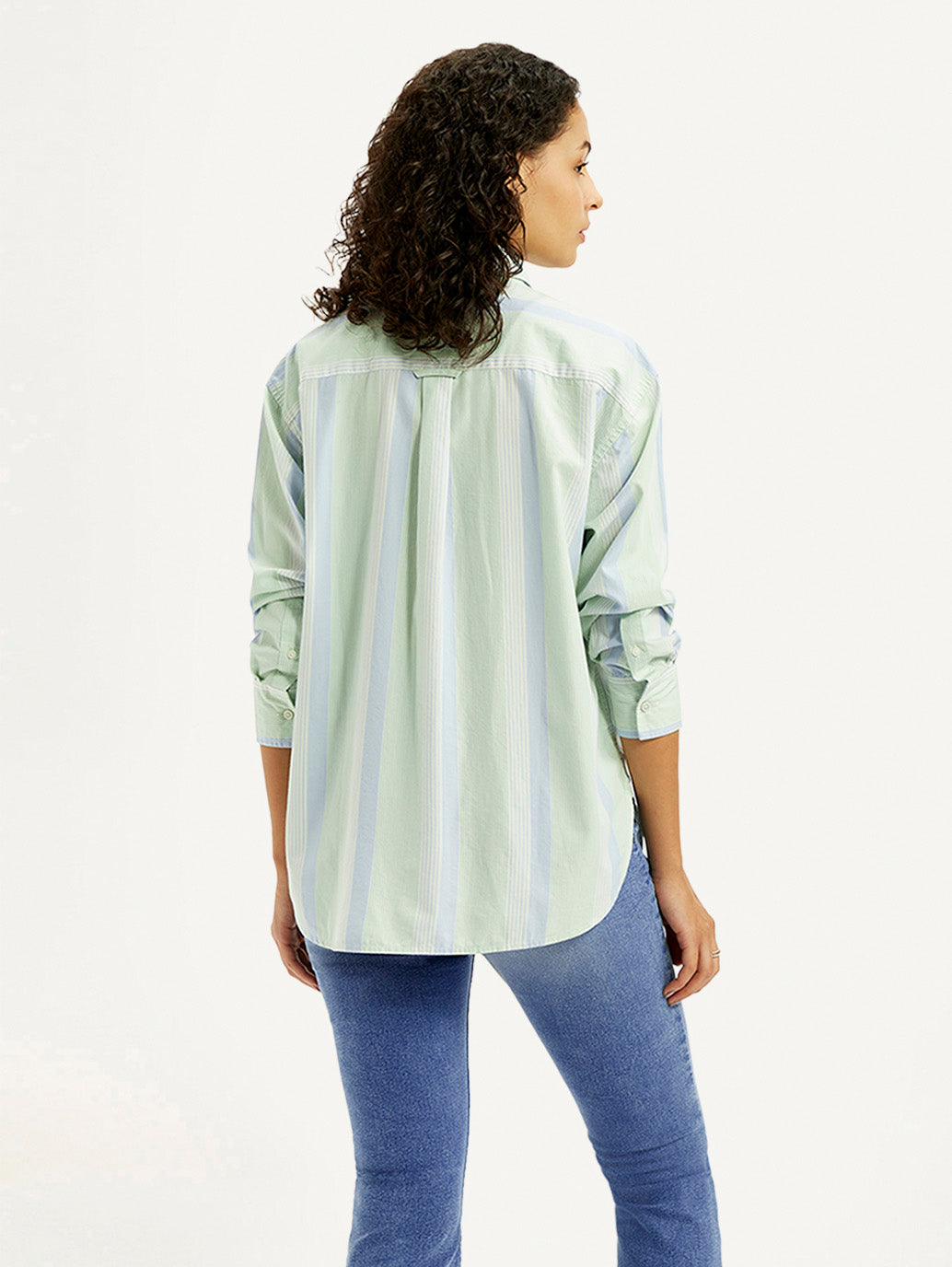 Women's Striped Light Green Slim Fit Shirt - Back View