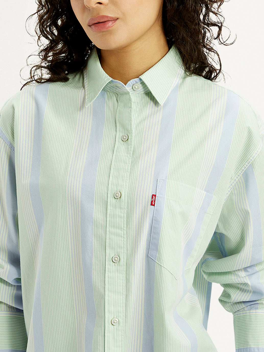 Women's Striped Light Green Slim Fit Shirt - Detail View